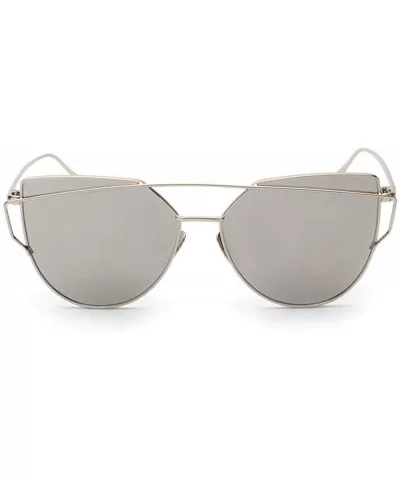 Fashion Twin-Beams Classic Women Metal Frame Mirror Sunglasses Cat Eye Glasses - Silver - CJ18UL749TI $5.99 Oval