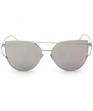 Fashion Twin-Beams Classic Women Metal Frame Mirror Sunglasses Cat Eye Glasses - Silver - CJ18UL749TI $5.99 Oval