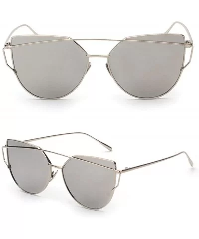 Fashion Twin-Beams Classic Women Metal Frame Mirror Sunglasses Cat Eye Glasses - Silver - CJ18UL749TI $5.99 Oval