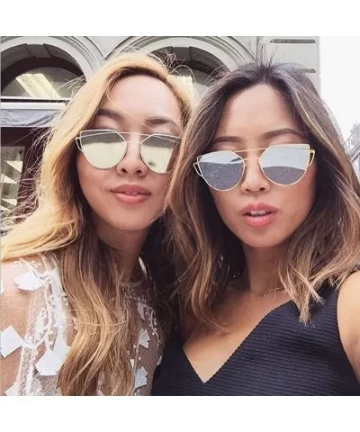 Fashion Twin-Beams Classic Women Metal Frame Mirror Sunglasses Cat Eye Glasses - Silver - CJ18UL749TI $5.99 Oval