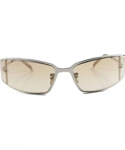 Retro Futuristic Light Tint Lens Vintage Wrap Rectangle Sunglasses - Silver & Light Brown - CE18T27ZOCR $11.70 Wrap