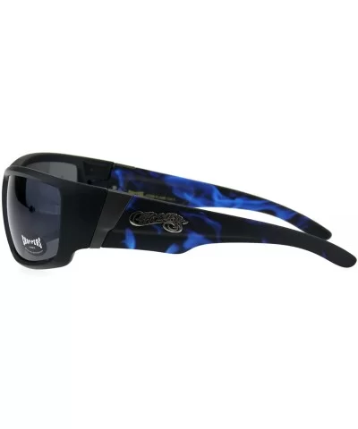 Rectangular Biker Warp Around Flaming Arm Riding Sunglasses - Black Blue Black - C918GU2EH40 $8.41 Sport