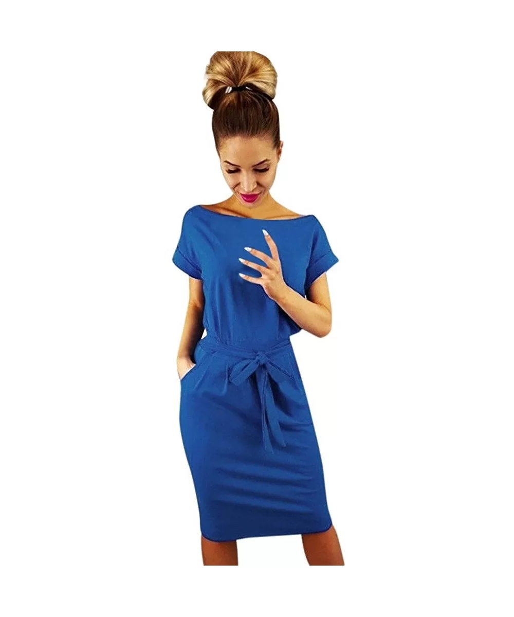 Womens Casual Pocket Summer Ladies Short Sleeve Evening Party Mini Dress - Blue - CU18TWO2YZ7 $10.76 Wrap