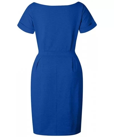 Womens Casual Pocket Summer Ladies Short Sleeve Evening Party Mini Dress - Blue - CU18TWO2YZ7 $10.76 Wrap