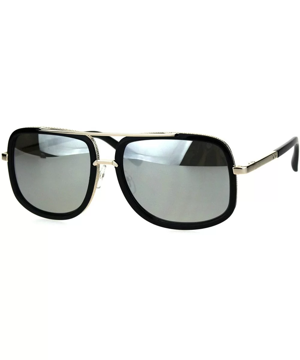 Rectangular Double Frame Mobster Style Racer Pilot Sunglasses - Black Gold Silver Mirror - CF18HOSTU64 $10.62 Rectangular