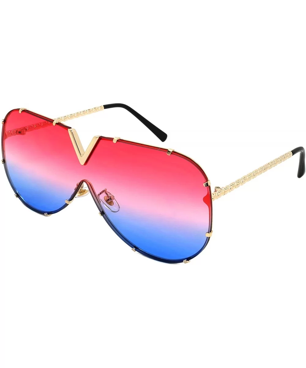 V Top Metal Aviator Fashion Sunglasses Tinted One Piece Flat Lens EC55695 - Gold Frame/Red-blue Lens - CR180MWNQQG $8.67 Aviator