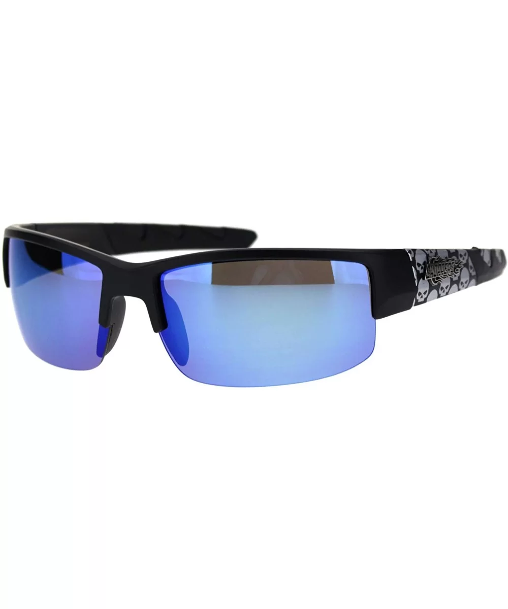 Sunglasses Mens Half Rim Wrap Around Bikers Skull Design UV 400 - Matte Black (Blue Mirror) - C618Z53LACS $7.78 Wrap