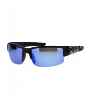 Sunglasses Mens Half Rim Wrap Around Bikers Skull Design UV 400 - Matte Black (Blue Mirror) - C618Z53LACS $7.78 Wrap