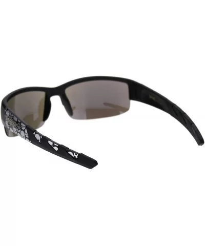 Sunglasses Mens Half Rim Wrap Around Bikers Skull Design UV 400 - Matte Black (Blue Mirror) - C618Z53LACS $7.78 Wrap