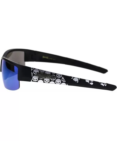 Sunglasses Mens Half Rim Wrap Around Bikers Skull Design UV 400 - Matte Black (Blue Mirror) - C618Z53LACS $7.78 Wrap