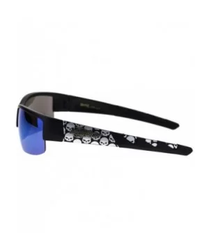 Sunglasses Mens Half Rim Wrap Around Bikers Skull Design UV 400 - Matte Black (Blue Mirror) - C618Z53LACS $7.78 Wrap