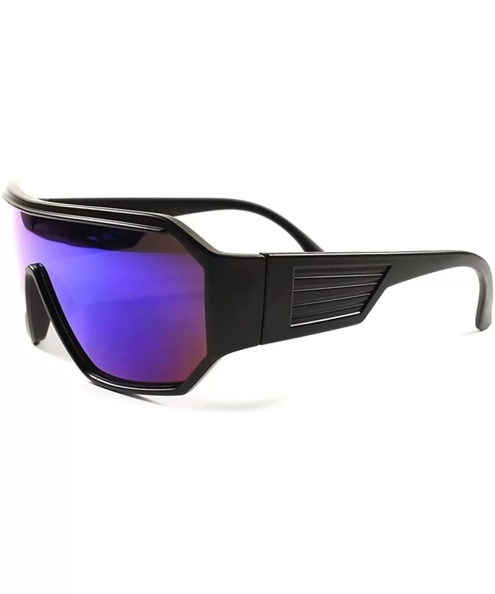 Retro Futuristic Party Rave Sci-Fi Mirrored Lens Wrap Shield Sun Glasses - Black / Green - CF189ALRU42 $17.50 Wrap