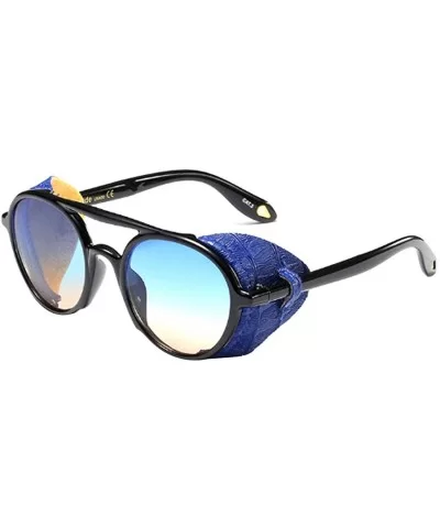 Women's Retro Classic Round Plastic Frame Sunglasses With Leather - Black Blue Brown - CE18W0HGST8 $22.11 Round