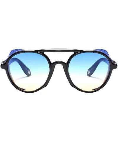 Women's Retro Classic Round Plastic Frame Sunglasses With Leather - Black Blue Brown - CE18W0HGST8 $22.11 Round