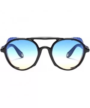 Women's Retro Classic Round Plastic Frame Sunglasses With Leather - Black Blue Brown - CE18W0HGST8 $22.11 Round