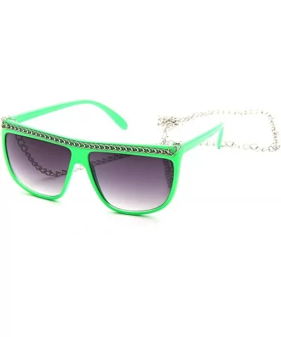 Women Flat Top Oversized Retro Chain Sunglasses w/Metal Chain on Top & Neck - Green - C6117DDZ1XP $5.54 Oversized