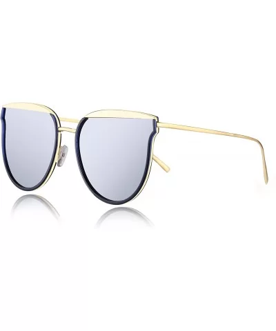 Polarized Mirrored Metal Frame Street Fashion Stylish Sunglasses For Women Man UV400 Protection - Blue&gold Frame - CP18DEGC6...