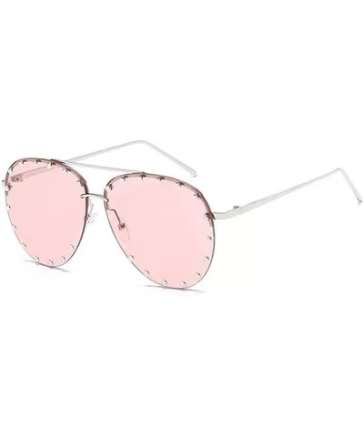 Rivet Oval Sunglasses Brand Designer Black Pink Eyewear Rimless Double Bridge Frame Oculos UV400 - CA198O42YTQ $10.23 Oval