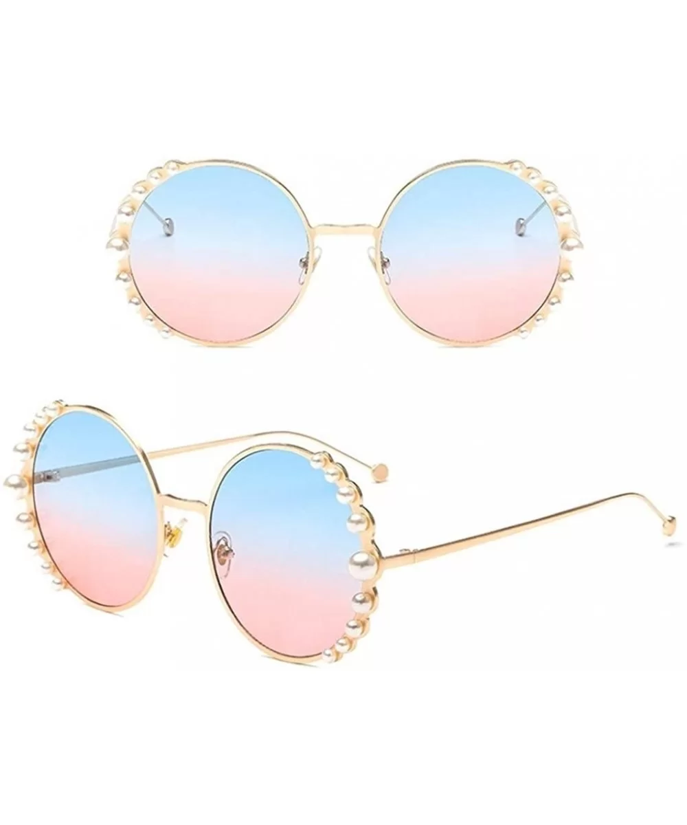 Women Round Sunglasses Pearl Sun Glasses Fashion Alloy Frame Eyewear Female Shades UV400 - C6gold Blue Pink - C9199OWCHGM $8....