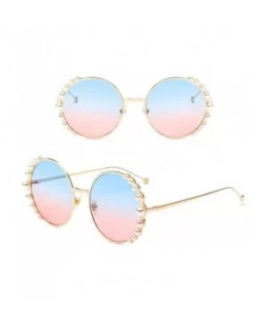 Women Round Sunglasses Pearl Sun Glasses Fashion Alloy Frame Eyewear Female Shades UV400 - C6gold Blue Pink - C9199OWCHGM $8....