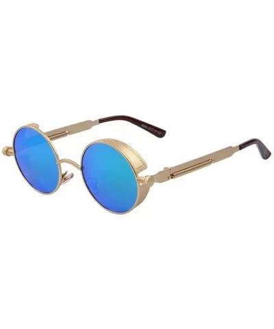 Steam punk retro sunglasses polarized sunglasses mechanical spring - Gold Frame Blue Lens - C012J0F4TDL $21.75 Goggle