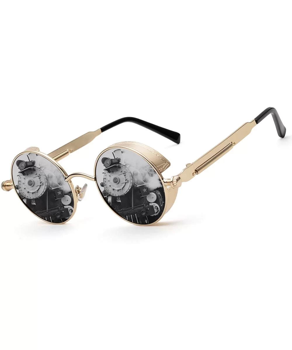 Polarized Steampunk Round Sunglasses for Men Women Mirrored Lens Metal Frame S2671 - Gold&black - CH183KSR30L $11.84 Oval