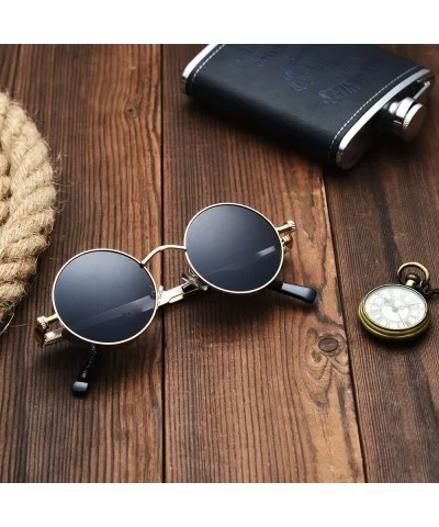 Polarized Steampunk Round Sunglasses for Men Women Mirrored Lens Metal Frame S2671 - Gold&black - CH183KSR30L $11.84 Oval