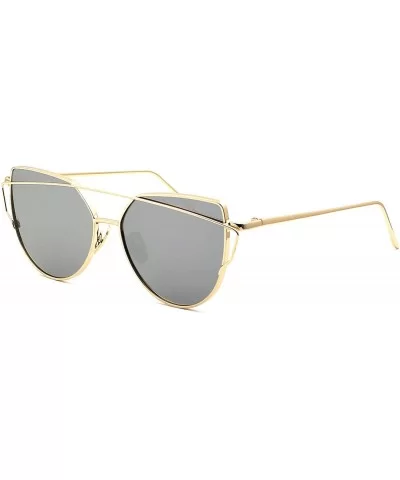 Women Cat Eye Sunglasses Mirrored Flat Lens Street Fashion Metal Frame UV400 - Golden Frame/Silver Lens - CL182IYZ8ZY $6.30 G...